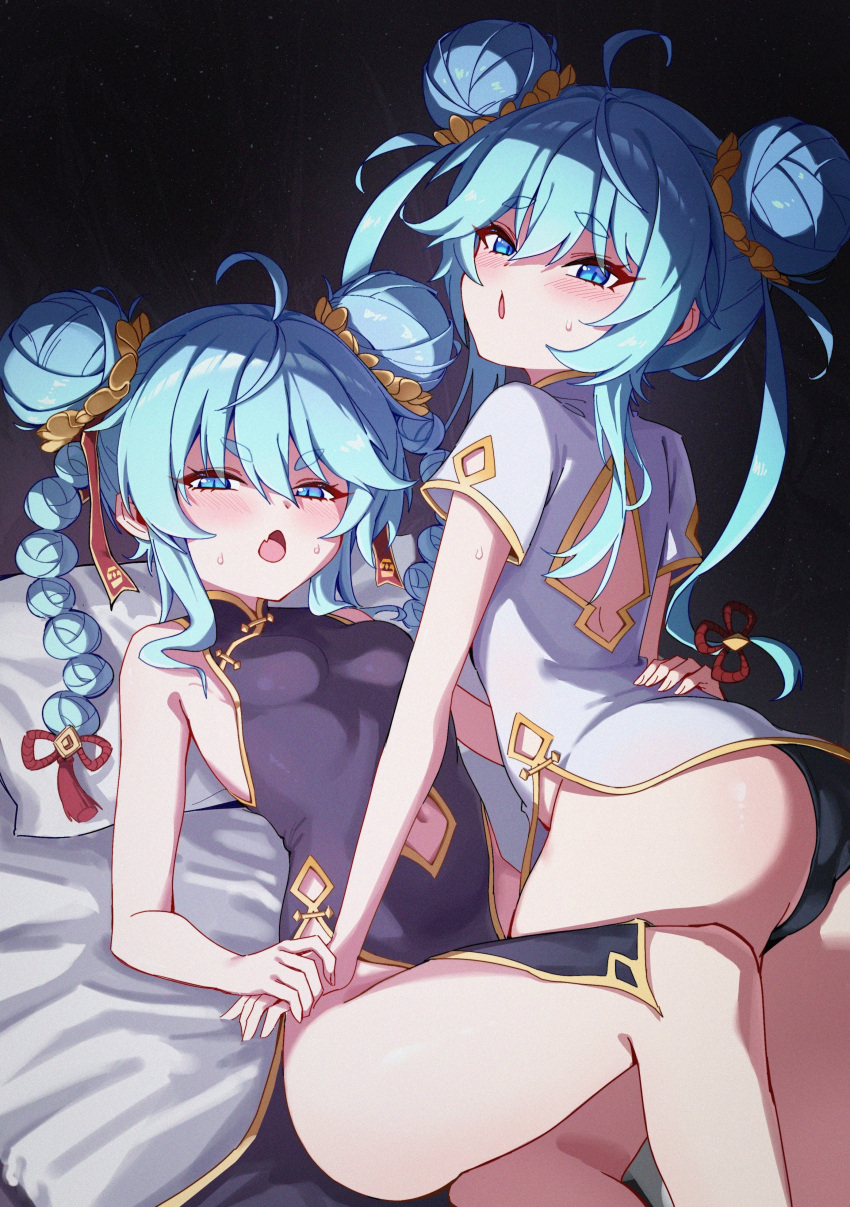 2girls absurdres all_fours ass bare_shoulders black_dress black_panties blue_eyes blue_hair blush braid braided_bun breasts china_dress chinese_clothes clothing_cutout cowgirl_position double_bun dress grabbing_another's_hand hair_bun hair_ornament highres long_hair looking_at_viewer looking_back lying multiple_girls navel navel_cutout near_(sound_voltex) noah_(sound_voltex) oerba_yun_fang on_back on_bed open_mouth panties pillow siblings sisters small_breasts sound_voltex sweat thick_eyebrows twins twintails underwear white_dress yunbeiiiii