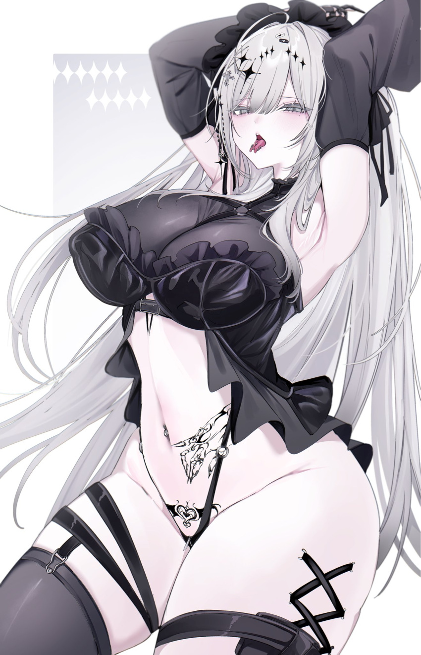 anoyo_(anoyode0) armpits arms_up black_camisole black_panties black_sleeves black_thighhighs breasts camisole chest_harness cross_hair_ornament detached_sleeves female forked_tongue grey_eyes grey_hair groin hair_ornament harness highres large_breasts long_hair navel navel_piercing original panties piercing pubic_tattoo sleeves_past_wrists solo sparkle_hair_ornament stomach_tattoo tattoo thigh_strap thighhighs tongue tongue_out tongue_piercing underwear white_background zipper_panties zipper_pull_tab