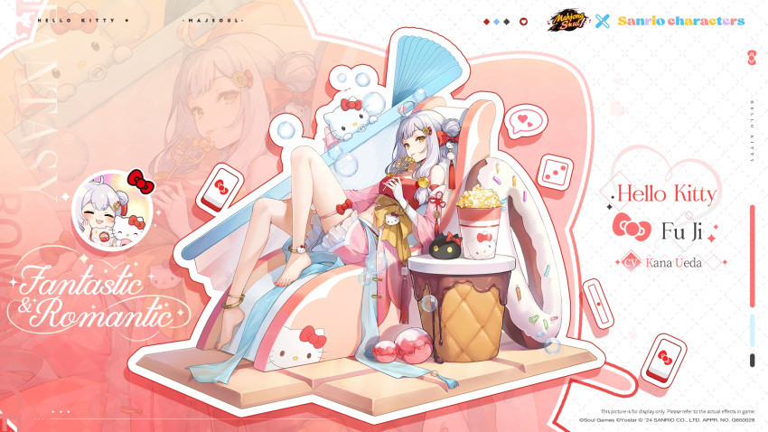 bare_shoulders barefoot bridal_gauntlets character_name closed_mouth detached_sleeves english_text female fu_ji full_body grey_hair hair_bun hello_kitty hello_kitty_(character) highres long_hair long_sleeves looking_at_viewer mahjong_soul navel official_art sanrio sitting smile tongue tongue_out white_bridal_gauntlets yellow_eyes zoom_layer