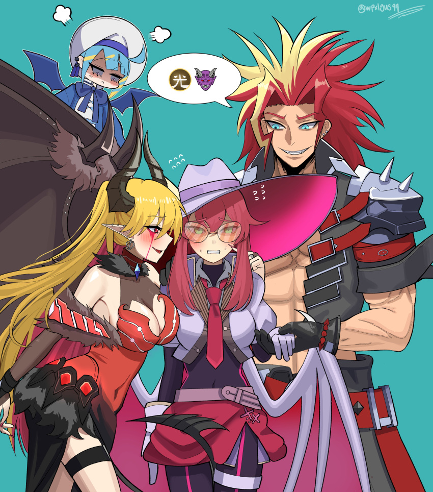 3girls absurdres bare_shoulders black_bodysuit black_gloves blonde_hair blue_background blue_eyes blue_hair bodysuit breasts chibi cleavage cowboy_shot cropped_jacket demon_girl demon_wings dress duel_monster evil_twin_ki-sikil fiendsmith_engraver gameplay_mechanics gloves green_eyes hat highres jacket jetihyeon ki-sikil_(yu-gi-oh!) lacrima_the_crimson_tears large_breasts lil-la_(yu-gi-oh!) live_twin_lil-la long_hair low_wings medium_hair multicolored_hair multiple_girls muscular muscular_male no_shirt purple_eyes purple_hat purple_jacket red_dress red_eyes red_skirt simple_background skirt speech_bubble twitter_username two-tone_hair two_side_up wings yu-gi-oh!