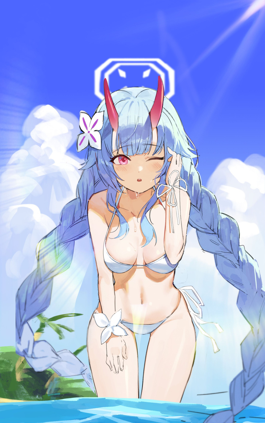 ;o absurdres alternate_costume bare_shoulders bikini blue_archive blue_hair braid breasts chise_(blue_archive) day female flower_knot hair_ornament halo halterneck hand_on_own_thigh hand_up highres horns light_rays long_hair looking_at_viewer medium_breasts navel nogong one_eye_closed open_mouth outdoors red_eyes side-tie_bikini_bottom solo standing stomach string_bikini sunbeam sunlight swimsuit thighs twin_braids twintails very_long_hair wading water wet white_bikini