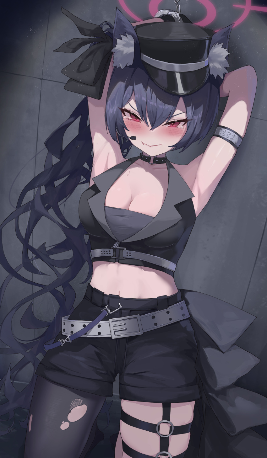 absurdres animal_ear_fluff animal_ears arm_strap armpits arms_up belt belt_around_waist black_choker black_hair black_pantyhose black_shorts blue_archive blush breasts cat_ears choker crop_top female halo hat highres idol_clothes long_hair looking_at_viewer mouthpiece navel nekoplanetouo official_alternate_costume official_alternate_hairstyle pantyhose peaked_cap pink_halo red_eyes red_halo restrained serika_(blue_archive) serika_(idol)_(blue_archive) shorts solo thigh_strap white_belt