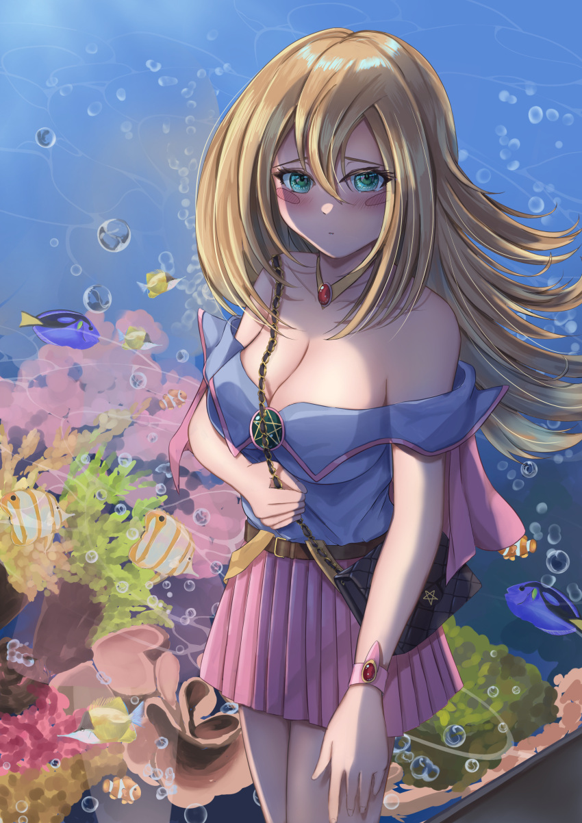 absurdres aquarium bag bare_shoulders blonde_hair blue_shirt blush breasts casual cleavage closed_mouth dark_magician_girl duel_monster female fish green_eyes highres jewelry large_breasts long_hair looking_at_viewer misakura_aoi necklace off_shoulder pink_skirt shirt shoulder_bag skirt solo water yu-gi-oh!