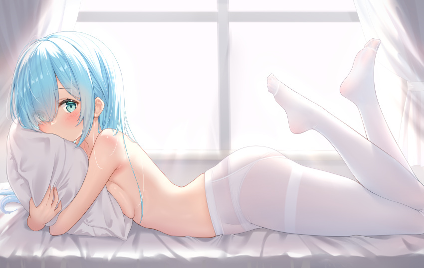 absurdres ass azur_lane blue_eyes blue_hair blush breast_press breasts commentary_request day female from_side full_body hair_over_one_eye highres hugging_object indoors janus_(azur_lane) legs legs_folded long_hair looking_at_viewer looking_to_the_side on_bed pantyhose pillow pillow_hug qian_hen small_breasts solo thighs topless very_long_hair