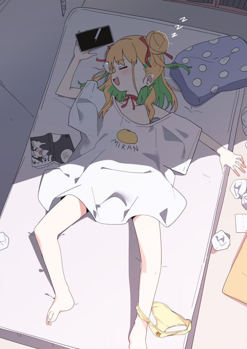 :d absurdres barefoot blonde_hair closed_eyes double_bun female green_hair hair_bun hair_ribbon highres indie_virtual_youtuber legs luke_(dydansgur) lying multicolored_hair on_back open_mouth panties panties_around_one_leg pillow red_ribbon ribbon shirt short_sleeves sleeping smile solo t-shirt tamura_mikan toes two-tone_hair underwear virtual_youtuber white_shirt yellow_panties