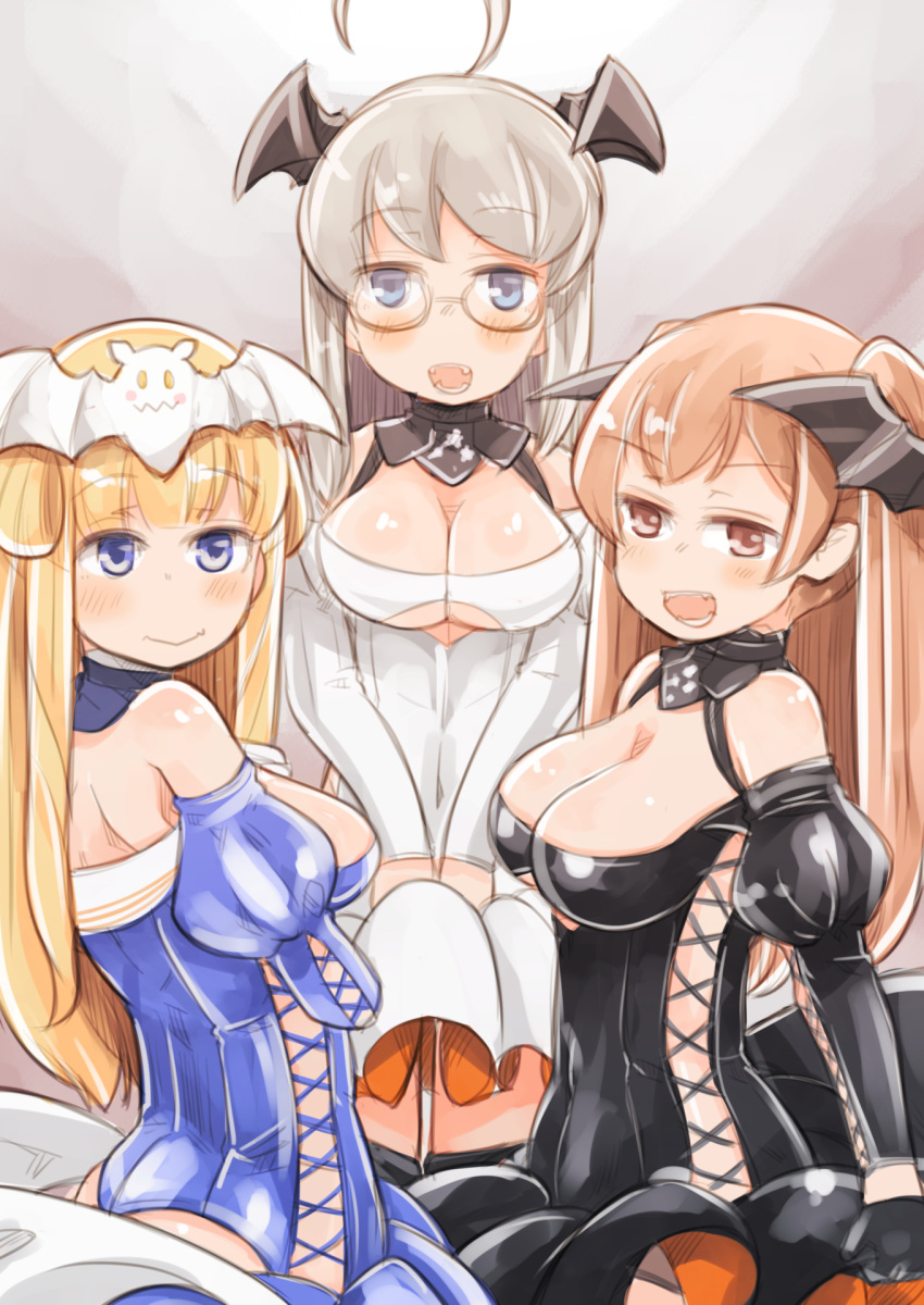 3girls alternate_color bat_hair_ornament blonde_hair blue_dress breast_press breasts brown_eyes commentary_request cosplay cowboy_shot detached_collar double_bun dress enjaku_izuku fletcher_(kancolle) hair_bun hair_ornament halloween_costume heywood_l._edwards_(kancolle) highres johnston_(halloween_mode)_(kancolle) johnston_(kancolle) johnston_(kancolle)_(cosplay) kantai_collection large_breasts light_brown_hair long_hair matching_outfits multiple_girls official_alternate_costume purple_eyes two_side_up white_dress