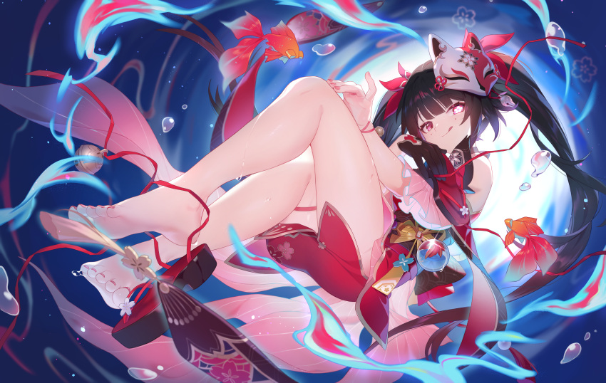 :q absurdres barefoot birthday_miaoke black_gloves brown_hair detached_sleeves dress female fox_mask gloves glowing glowing_eye highres honkai:_star_rail honkai_(series) koi legs long_hair looking_at_viewer mark_under_both_eyes mask mask_on_head pink_eyes red_dress red_nails red_sleeves sandals single_glove soles solo sparkle_(honkai:_star_rail) toes tongue tongue_out twintails very_long_hair water