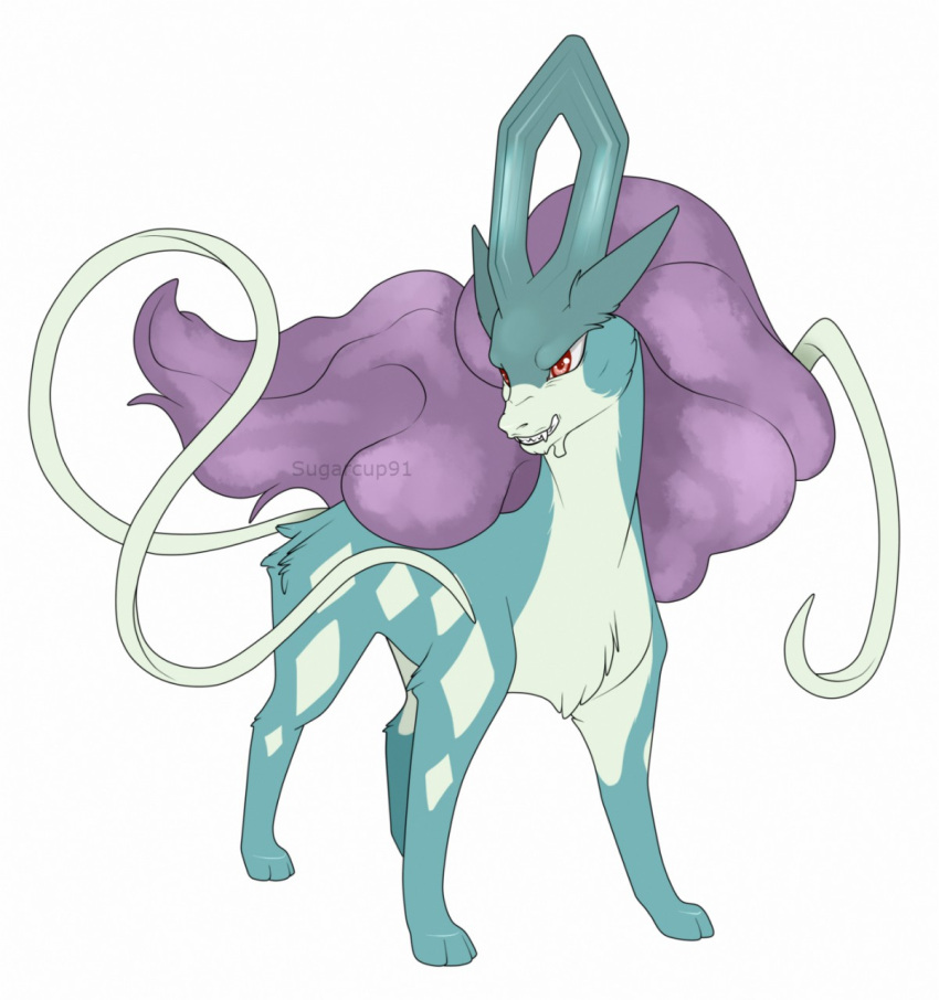 ambiguous_gender bared_teeth blue_body blue_fur fangs feral fur generation_2_pokemon glistening glistening_eyes hi_res legendary_pokemon mane milk-jug nintendo pokemon pokemon_(species) purple_mane red_eyes solo suicune teeth