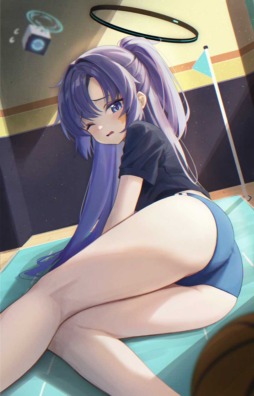 absurdres ass basketball black_halo black_shirt blue_archive blue_buruma blue_eyes blue_hair blurry blush buruma commentary_request depth_of_field dixo_(user_srff3835) drone female gym_shirt hair_intakes half_updo halo highres indoors kneepits long_hair looking_at_viewer mechanical_halo official_alternate_costume official_alternate_hairstyle one_eye_closed open_mouth shirt short_sleeves solo star_sticker sticker_on_face thighs yuuka_(blue_archive) yuuka_(track)_(blue_archive)