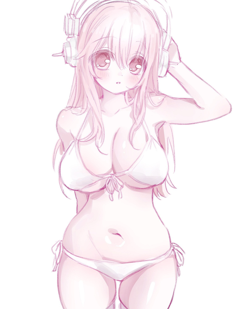 bikini blush breasts cowboy_shot female hand_on_headphones headphones highres large_breasts long_hair looking_at_viewer mipi_(u3u_00) navel nitroplus parted_lips pink_eyes pink_hair pink_theme skindentation solo super_sonico swimsuit thighhighs