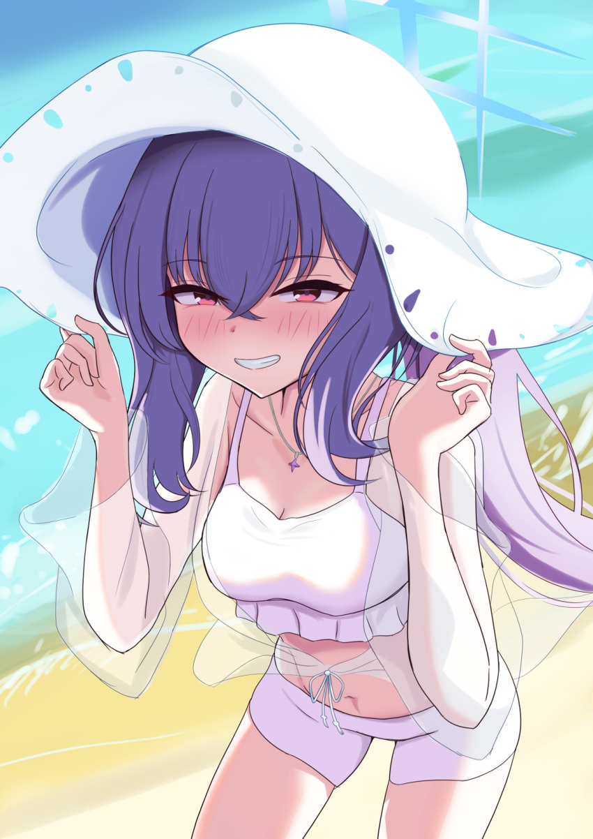 :d atsuko_(blue_archive) atsuko_(swimsuit)_(blue_archive) bare_shoulders bikini blue_archive blue_halo blush breasts cleavage collarbone commentary cowboy_shot crossed_bangs day female frilled_bikini frills grin hair_between_eyes halo hands_on_headwear hands_up hat highres jacket jewelry long_hair looking_at_viewer medium_breasts navel necklace official_alternate_costume official_alternate_hairstyle outdoors peppo-mk3 ponytail purple_hair red_eyes see-through_clothes see-through_jacket smile smug solo star_(symbol) star_necklace sun_hat swimsuit tsurime white_bikini white_hat