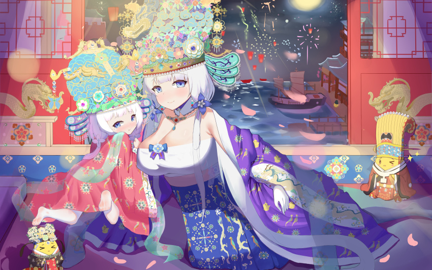 >_< 2girls absurdres aerial_fireworks alternate_costume architecture azur_lane balabulun bare_shoulders blue_dress blue_eyes blue_gemstone blush breasts dragon dragon_ornament dragon_print dress east_asian_architecture eastern_dragon fireworks from_behind gem gloves green_gemstone headwear_request highres huge_breasts illustrious_(azur_lane) indoors little_illustrious_(azur_lane) long_hair long_sleeves looking_at_viewer manjuu_(azur_lane) moon mother_and_daughter multiple_girls night purple_gemstone red_gemstone sliding_doors water white_gloves white_hair wide_sleeves