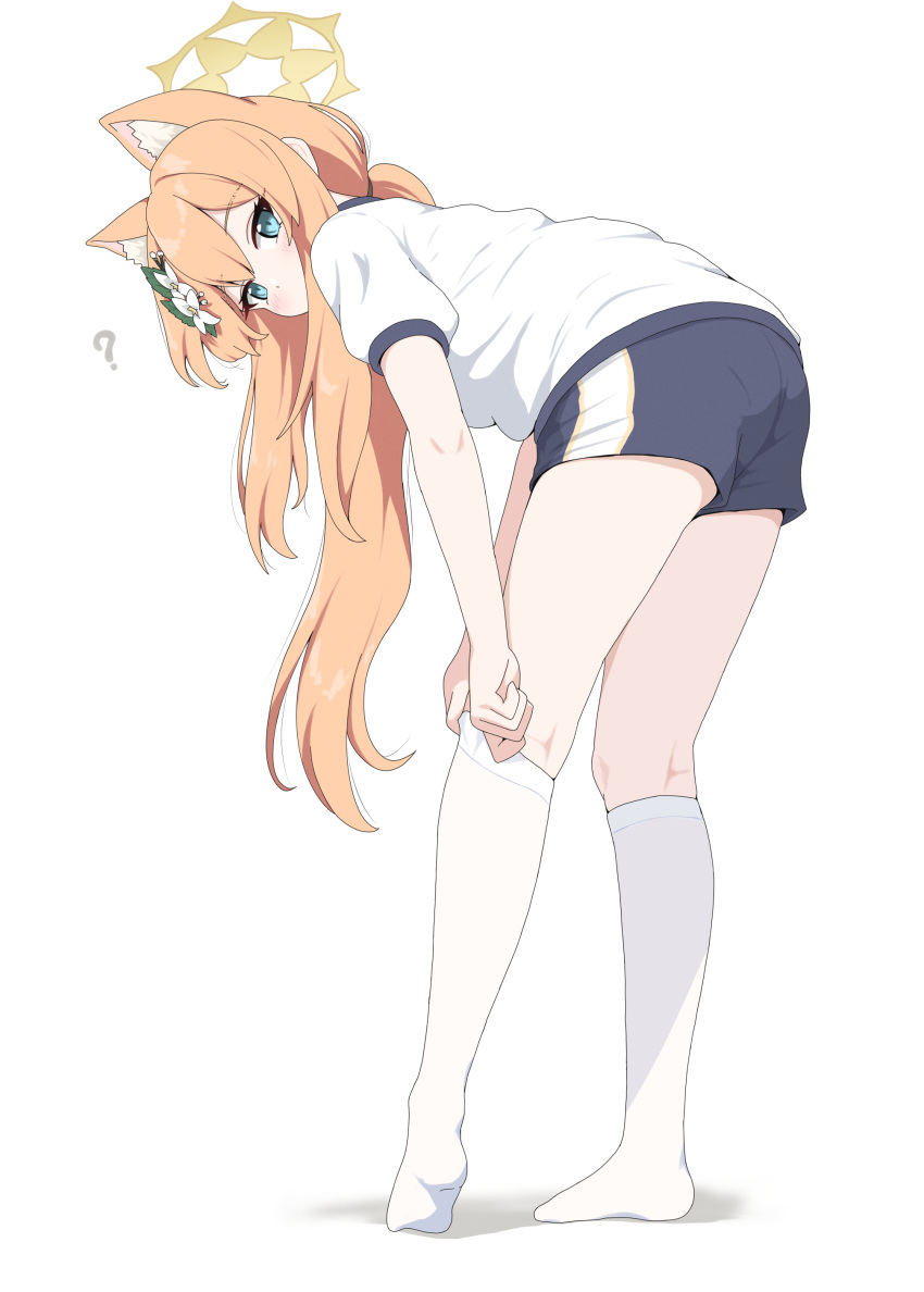 ? absurdres adjusting_clothes adjusting_legwear animal_ear_fluff animal_ears bent_over black_shorts blue_archive blue_eyes cat_ears commentary_request female flower full_body gym_uniform hair_flower hair_ornament halo highres kneehighs long_hair looking_at_viewer mari_(blue_archive) mari_(track)_(blue_archive) orange_hair shirt short_sleeves shorts simple_background socks solo standing unamaso white_background white_shirt white_socks yellow_halo