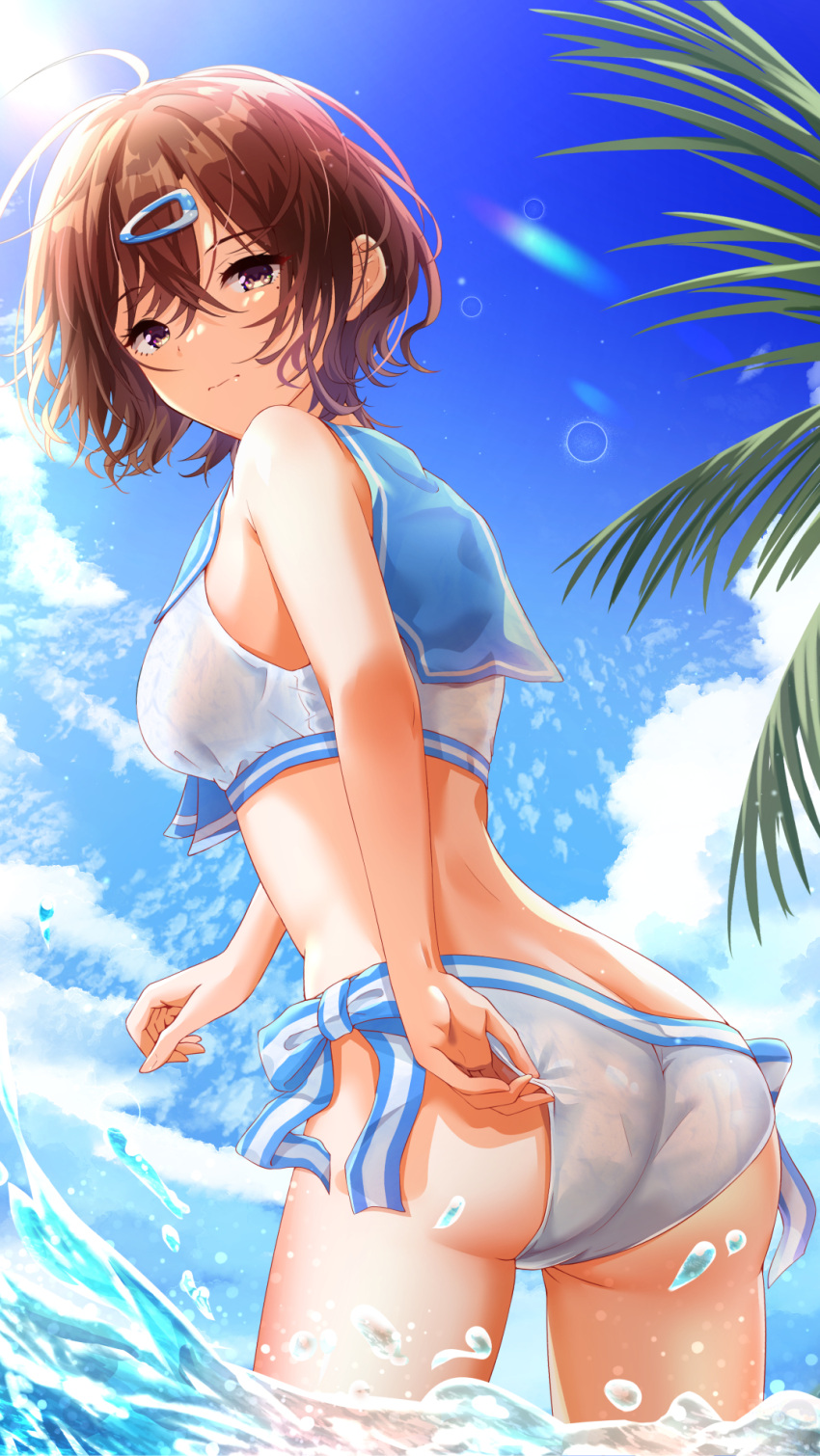 adjusting_clothes adjusting_swimsuit ass bikini blue_sailor_collar blue_sky breasts brown_hair cloud day female hair_ornament hairclip highres higuchi_madoka idolmaster idolmaster_shiny_colors looking_at_viewer looking_back medium_breasts mole mole_under_eye nagmilk ocean outdoors palm_leaf purple_eyes sailor_bikini sailor_collar sailor_swimsuit_(idolmaster) short_hair sky solo swimsuit water white_bikini