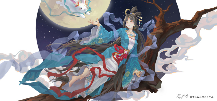 absurdly_long_hair absurdres aqua_cardigan barefoot black_hair breasts cardigan chang'e chinese_clothes chinese_mythology cleavage daxiushan dress female floating full_body hagoromo hair_rings hanfu highres liulanghuajia long_hair long_sleeves mid-autumn_festival moon night original rabbit red_sash sash shawl sky solo tree very_long_hair white_dress wide_sleeves yellow_eyes