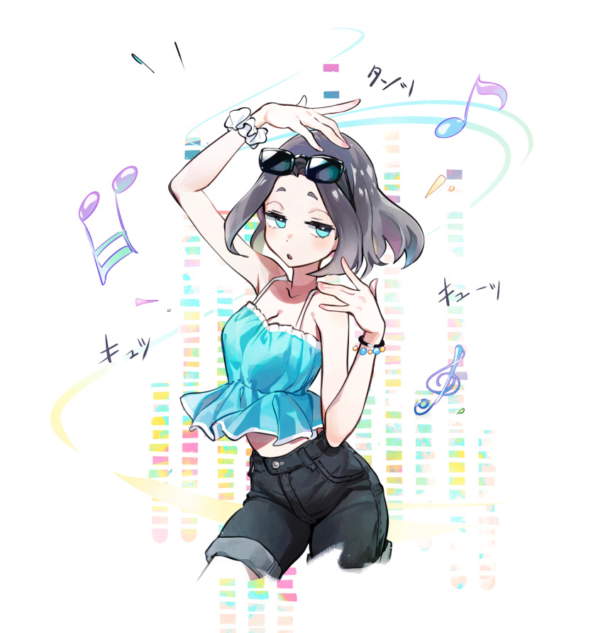 aqua_eyes arm_up bare_arms bare_shoulders black_shorts blue_camisole bracelet breasts brown_hair camisole cleavage cropped_legs dancing eyewear_on_head female hand_up highres jewelry medium_hair midriff_peek mo0o0rae musical_note parted_lips scrunchie senpai_ga_uzai_kouhai_no_hanashi shorts solo sound_effects sunglasses translation_request treble_clef tsukishiro_mona_(shiromanta) white_background white_scrunchie wrist_scrunchie