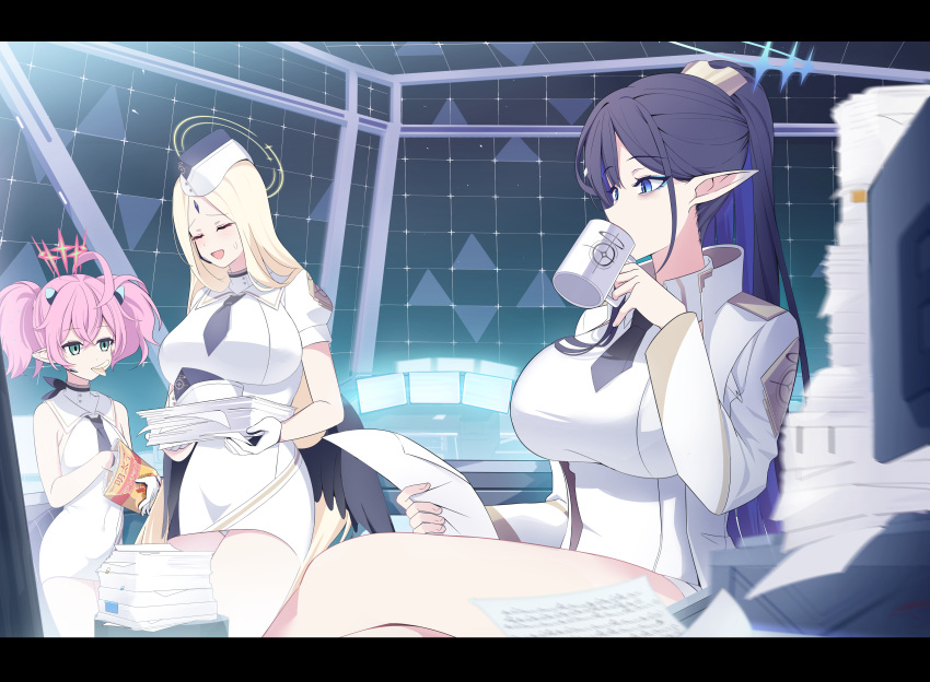 3girls absurdres ahoge ayumu_(blue_archive) bags_under_eyes bare_legs black_hair black_necktie blonde_hair blue_archive blue_hair breasts coat cup dress drinking forehead_jewel garrison_cap giga-tera halo hat highres holding holding_cup huge_breasts logo_parody long_hair momoka_(blue_archive) mug multicolored_hair multiple_girls necktie paper_stack pink_hair pointy_ears ponytail rin_(blue_archive) short_necktie sitting twintails two-tone_hair very_long_hair white_coat white_dress