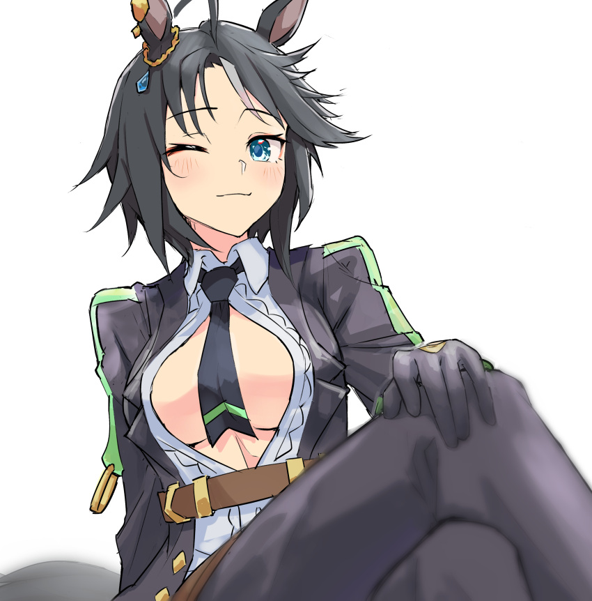 ;) absurdres ahoge animal_ears black_gloves black_hair black_jacket black_necktie black_pants blue_eyes breasts center_frills center_opening female frilled_shirt frills fuji_kiseki_(umamusume) gloves hair_between_eyes highres horse_ears horse_girl horseshoe_ornament jacket jtleeklm long_sleeves looking_at_viewer necktie one_eye_closed pants revealing_clothes shirt short_hair sideboob simple_background sitting smile solo umamusume white_background white_hair white_shirt