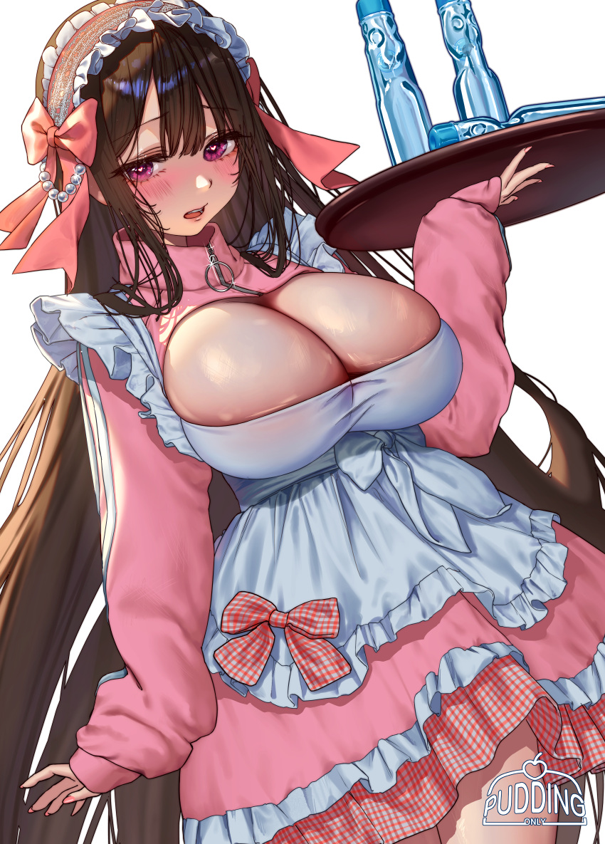 absurdres apron arm_at_side beads blush bottle bow breasts brown_hair cleavage cleavage_cutout clothing_cutout cowboy_shot female fingernails frilled_apron frills hair_beads hair_between_eyes hair_ornament heart heart-shaped_pupils highres holding holding_tray huge_breasts jacket jersey_maid long_hair long_sleeves maid maid_apron maid_headdress open_mouth original pink_bow pink_eyes pink_jacket pink_ribbon plaid_bow plaid_clothes pudding_only ramune ribbon simple_background standing striped_clothes striped_jacket symbol-shaped_pupils teeth track_jacket tray turtleneck turtleneck_jacket unconventional_maid upper_teeth_only very_long_hair waist_apron white_apron white_background zipper zipper_pull_tab