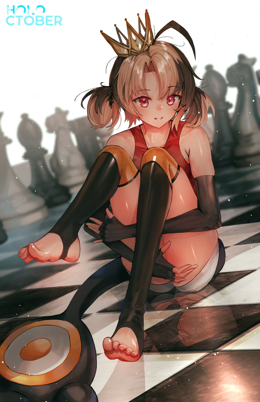 absurdres advarcher ahoge bishop_(chess) black_gloves black_socks brown_hair chess_piece chessboard crown elbow_gloves feet female fingerless_gloves full_body gigi_murin gloves highres hololive hololive_english hugging_own_legs knees_to_chest knees_up knight_(chess) multicolored_hair no_shoes parted_lips pawn_(chess) pink_eyes red_shirt reflection rook_(chess) shirt short_twintails shorts sitting skindentation sleeveless sleeveless_shirt socks soles solo stirrup_legwear streaked_hair thighs toeless_legwear toes twintails virtual_youtuber white_shorts