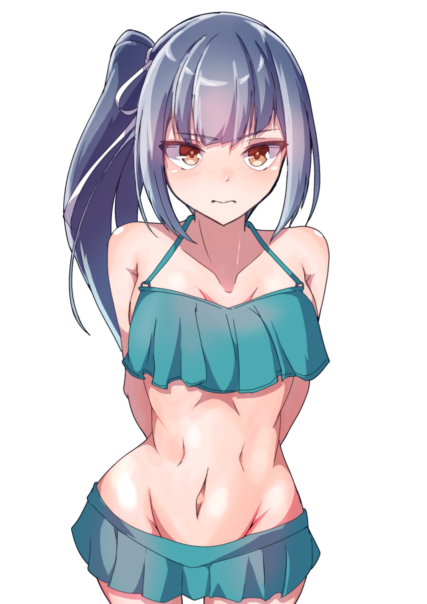 akatsuki_hikaru arms_behind_back bikini bikini_skirt breasts brown_eyes female frilled_bikini frills green_bikini grey_hair hair_ribbon highres kantai_collection kasumi_(kancolle) kasumi_kai_ni_(kancolle) kasumi_kai_ni_(swimsuit_mode)_(kancolle) long_hair looking_at_viewer medium_breasts navel official_alternate_costume ribbon side_ponytail solo swimsuit white_ribbon