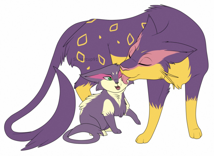 ambiguous_gender back_tuft cheek_tuft chest_tuft closed_eyes duo facial_tuft feral fur generation_5_pokemon glistening glistening_eyes green_eyes licking licking_another liepard markings milk-jug nintendo pink_markings pink_tongue pokemon pokemon_(species) purple_body purple_fur purrloin simple_background tongue tongue_out tuft white_background yellow_body yellow_fur yellow_markings