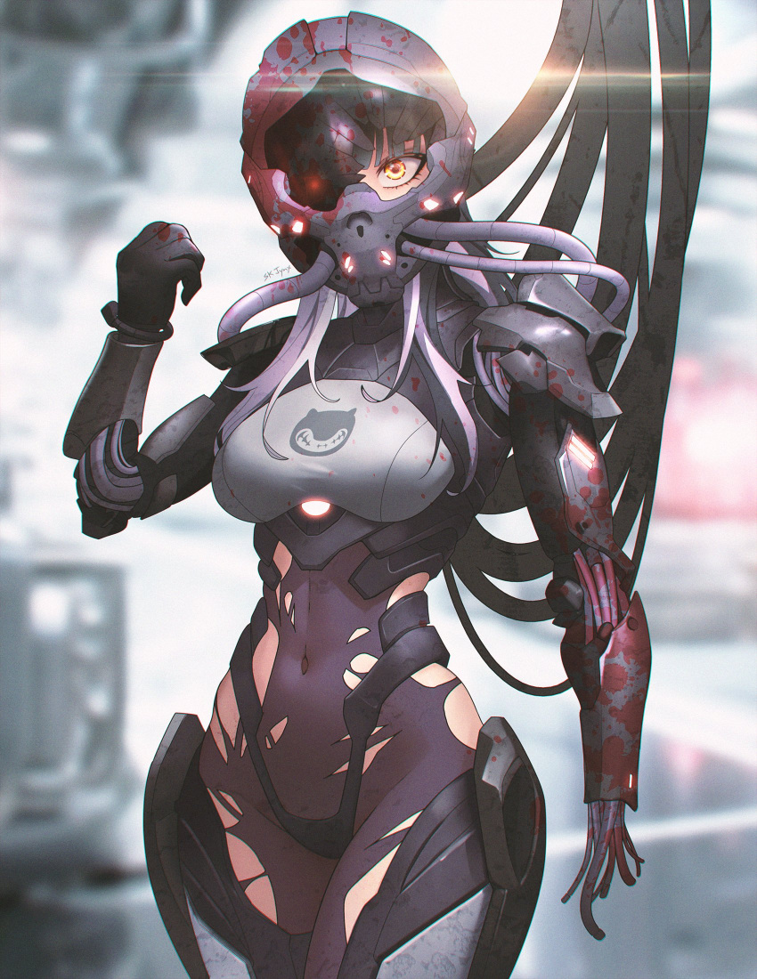 alternate_costume amputee arm_at_side armor artist_name assault_visor black_bodysuit black_gloves black_hair black_visor blood blurry blurry_background bodysuit breasts broken cable commentary covered_navel cowboy_shot english_commentary female gloves grey_hair hand_up helmet highres hololive hololive_english large_breasts legs_together long_hair looking_at_viewer multicolored_hair science_fiction shiori_novella sk_jynx solo standing torn_bodysuit torn_clothes tube two-tone_hair yellow_eyes