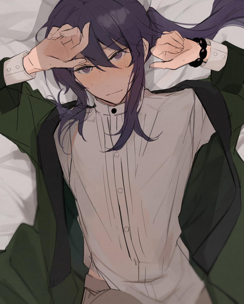 1boy bead_bracelet beads blush bracelet brown_pants casual closed_mouth cowboy_shot dress_shirt ensemble_stars! from_above furrowed_brow green_haori hair_between_eyes hands_up haori highres implied_yaoi japanese_clothes jewelry kanzaki_souma kaoso knee_up long_hair long_sleeves looking_at_viewer looking_up lying male_focus motoyui nervous_sweating nose_blush on_back on_bed pants ponytail purple_eyes purple_hair shadow shirt sidelocks solo_focus sweat v-shaped_eyebrows white_shirt