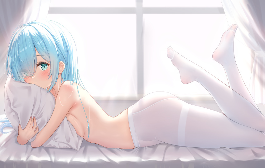 absurdres ass azur_lane blue_eyes blue_hair blush breast_press breasts day female from_side full_body hair_over_one_eye highres hugging_object indoors janus_(azur_lane) legs legs_folded long_hair looking_at_viewer looking_to_the_side on_bed pantyhose pillow pillow_hug qian_hen small_breasts solo thighs topless very_long_hair