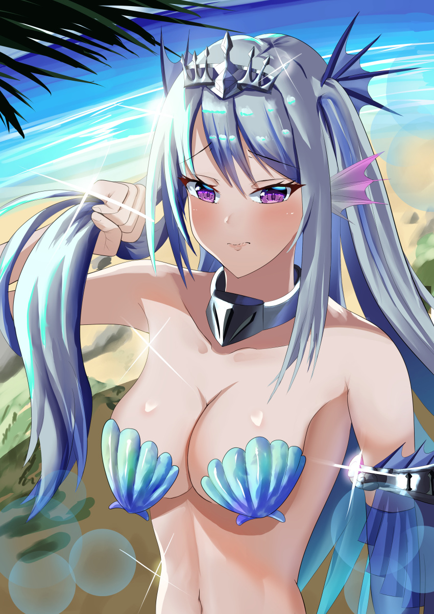 absurdres arerex armpit_crease beach blush breasts cleavage closed_mouth collar collarbone detached_sleeves duel_monster female fins fish_girl grey_hair hair_ornament head_fins highres holding holding_own_hair large_breasts long_hair purple_eyes shell shell_bikini tearlaments_scheiren tiara two_side_up upper_body yu-gi-oh!