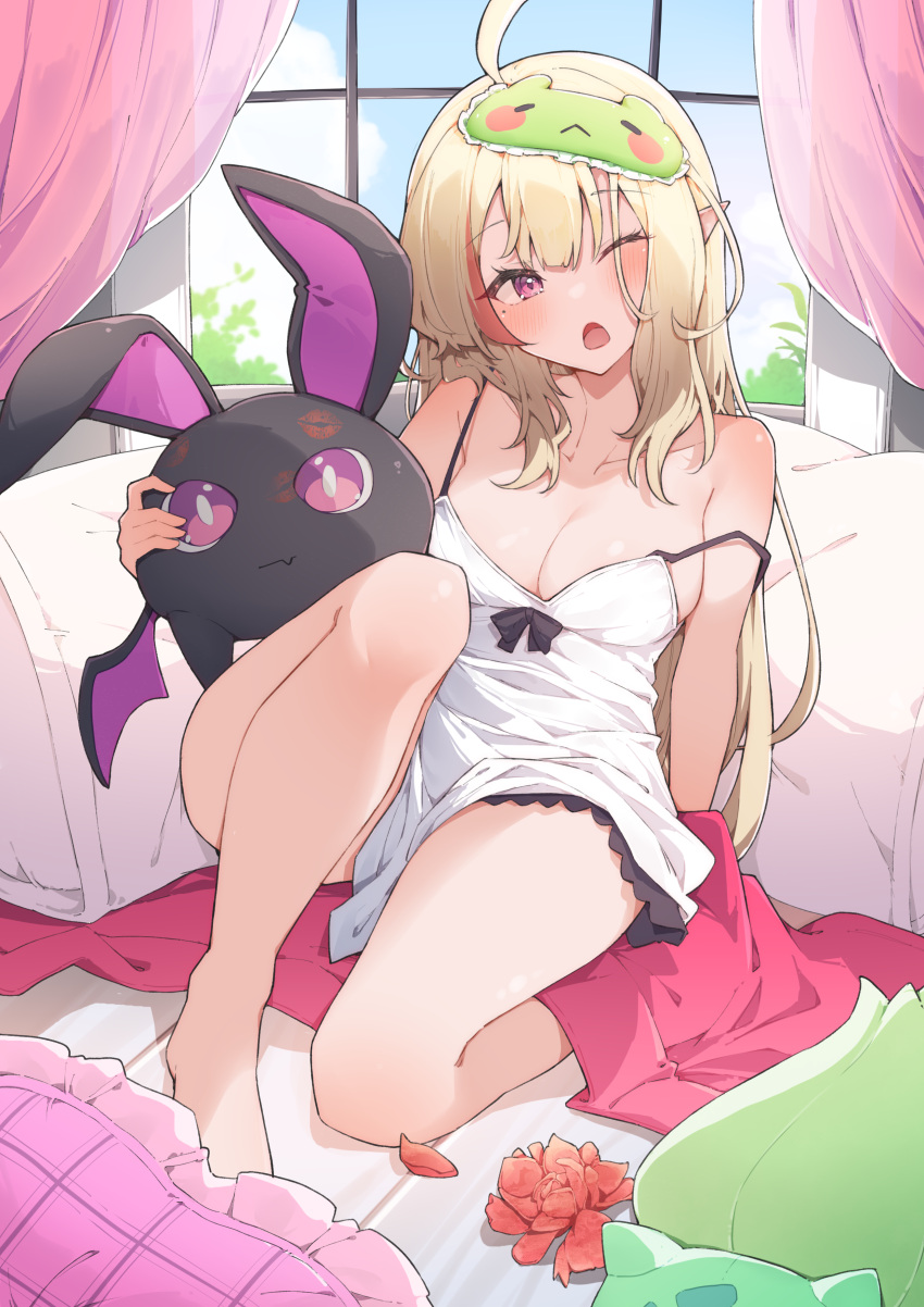 absurdres ahoge airenif bare_legs bare_shoulders blonde_hair breasts bulbasaur cleavage female flower highres holding holding_stuffed_toy kou_mariya lace-trimmed_nightgown large_breasts long_hair looking_to_the_side multicolored_hair nightgown on_bed one_eye_closed open_mouth pink_streaks pointy_ears purple_eyes red_flower sleepwear solo strap_slip streaked_hair stuffed_animal stuffed_toy v4mirai very_long_hair virtual_youtuber white_nightgown yawning