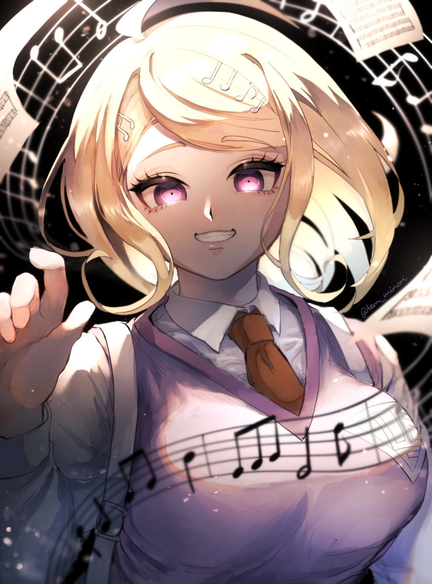 ahoge akamatsu_kaede backpack bag black_background blonde_hair breasts collared_shirt commentary_request crest danganronpa_(series) danganronpa_v3:_killing_harmony eyelashes female grin hair_ornament hand_up happy highres large_breasts light_particles lips long_hair long_sleeves musical_note musical_note_hair_ornament necktie orange_necktie pink_eyes pink_vest sheet_music shirt smile solo staff_(music) temari_momiji tight_clothes upper_body vest white_bag white_shirt