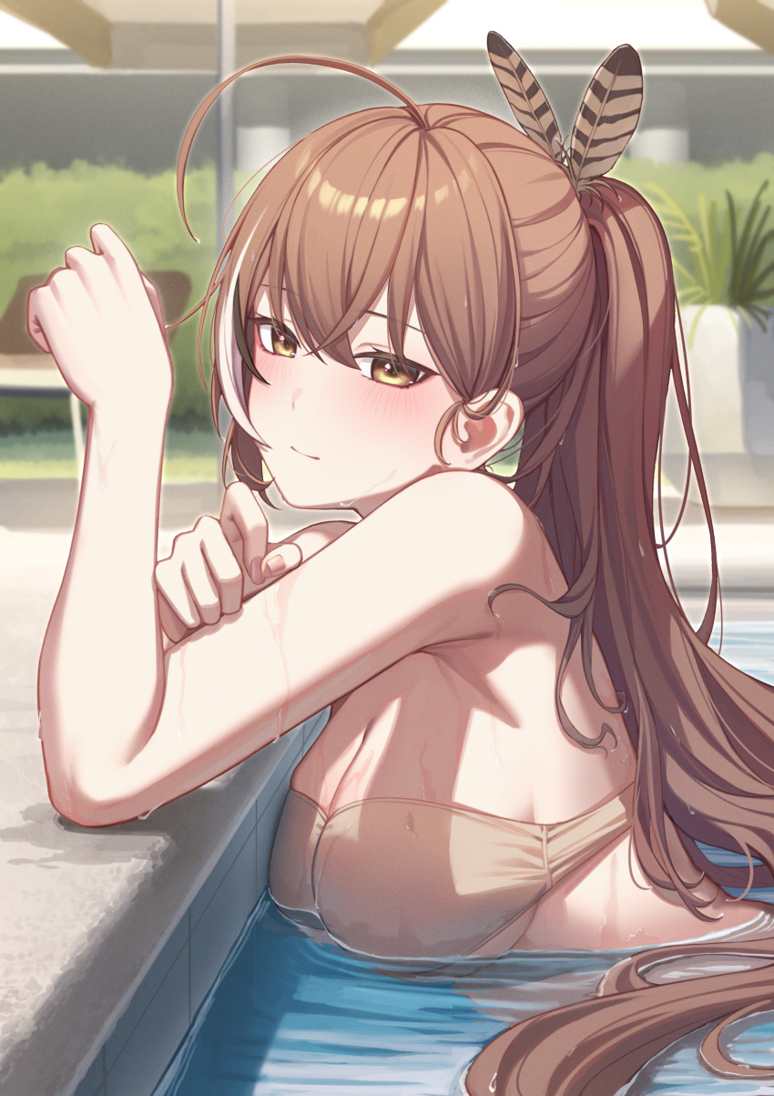 absurdres ahoge alternate_costume arm_rest bikini breasts brown_bikini brown_eyes brown_hair crossed_bangs feather_hair_ornament feathers female fingernails from_side hair_between_eyes hair_ornament hand_up highres hololive hololive_english in_water large_breasts long_hair looking_at_viewer nanashi_mumei parasol ponytail pool poolside resu_desu sideboob smile solo strapless strapless_bikini swimsuit umbrella underboob very_long_hair virtual_youtuber water