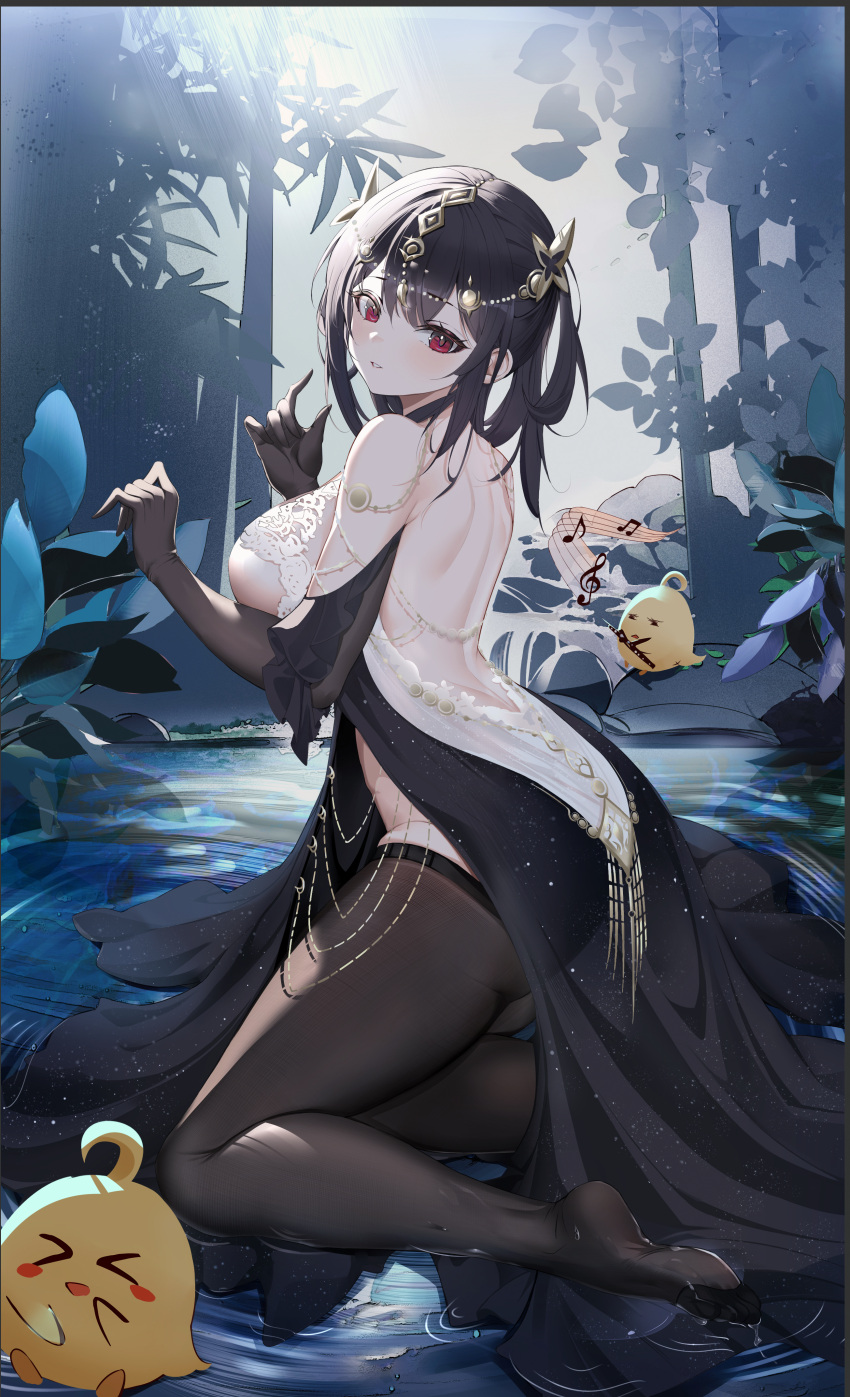 >_< 1nstill absurdres ass azur_lane backless_dress backless_outfit bare_back bare_shoulders barefoot black_dress black_hair breasts brown_gloves brown_pantyhose chen_hai_(azur_lane) chen_hai_(cerulean_ripples)_(azur_lane) chinese_commentary circlet commentary dress elbow_gloves evening_gown female fog from_side full_body gloves gold_choker highres instrument large_breasts long_hair looking_at_viewer looking_to_the_side music musical_note official_alternate_costume on_water outdoors pantyhose pelvic_curtain playing_instrument red_eyes solo taut_clothes taut_dress tight_clothes tight_dress water