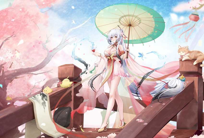 absurdly_long_hair absurdres alternate_costume azur_lane banchiyuebai bare_shoulders black_hair blue_sky breasts brown_cat calligraphy_brush chinese_commentary cleavage comb commentary_request cup dress female flower full_body gradient_hair hai_tien_(azur_lane) hair_flower hair_ornament hair_ribbon highres holding holding_calligraphy_brush holding_comb holding_cup holding_paintbrush holding_umbrella hydrokinesis large_breasts long_hair looking_at_viewer manjuu_(azur_lane) multicolored_hair oil-paper_umbrella outdoors paintbrush pink_dress pink_flower railing ribbon see-through_clothes sky solo standing tree umbrella very_long_hair walking water white_hair yellow_eyes yellow_footwear