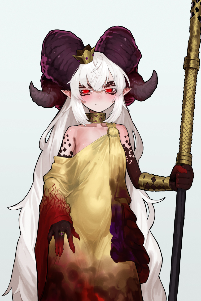 absurdres breasts cover crown ear_piercing ekrea_jan facial_mark gauntlets gold_collar gold_crown gradient_skin highres holding holding_staff horns jewelry long_hair looking_at_viewer maou-chan_(ekrea_jan) o-ring off_shoulder original piercing pink_skirt pointy_ears purple_horns red_eyes red_skirt ring skirt small_breasts squinting staff thighhighs toga very_long_hair white_background