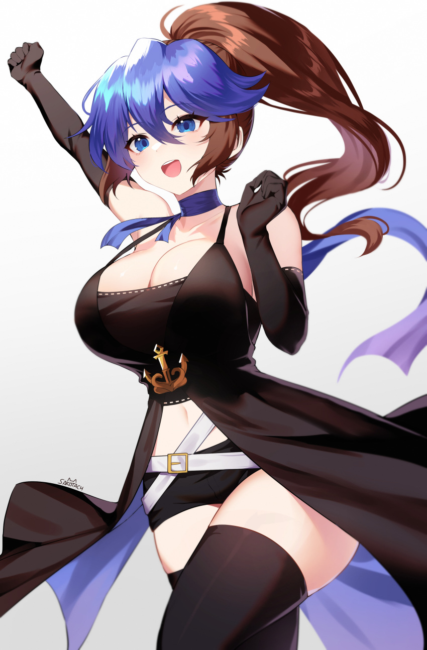 absurdres ahoge anchor_symbol arm_up artist_name belt black_dress black_gloves black_shorts black_thighhighs blue_eyes breasts brown_hair cleavage dress elbow_gloves female gloves hair_between_eyes highres large_breasts multicolored_hair navel open_mouth original ponytail purple_hair sakotach short_shorts shorts solo strap_gap thighhighs two-tone_hair white_belt