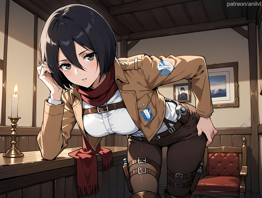 1girls adjusting_clothes ai_generated anilvl attack_on_titan bangs belt bent_over black_eyes black_hair blush boots breasts brown_jacket brown_pants buckle candle candlelight candlestand chair cowboy_shot emblem fire grey_eyes hair_between_eyes hair_tucking hand_in_own_hair holster indoors jacket leaning_forward long_sleeves looking_at_viewer medium_breasts mikasa_ackerman open_clothes open_jacket pants paradis_military_uniform parted_lips picture_frame red_scarf scarf shirt short_hair solo standing survey_corps_(emblem) suspenders table thigh_strap weapon white_shirt