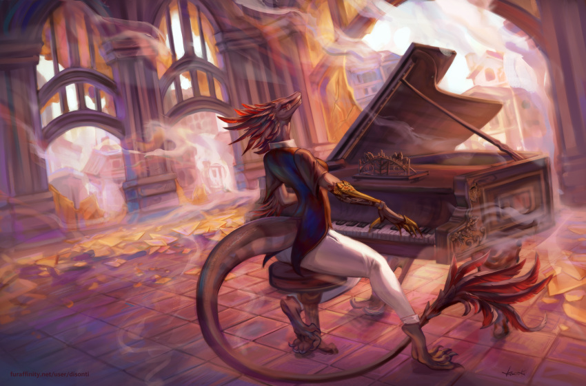 anthro chaos digital_media_(artwork) dinosaur disonti dromaeosaurid female hi_res keyboard_instrument musical_instrument piano prehistoric_species reptile scalie smoke solo theropod