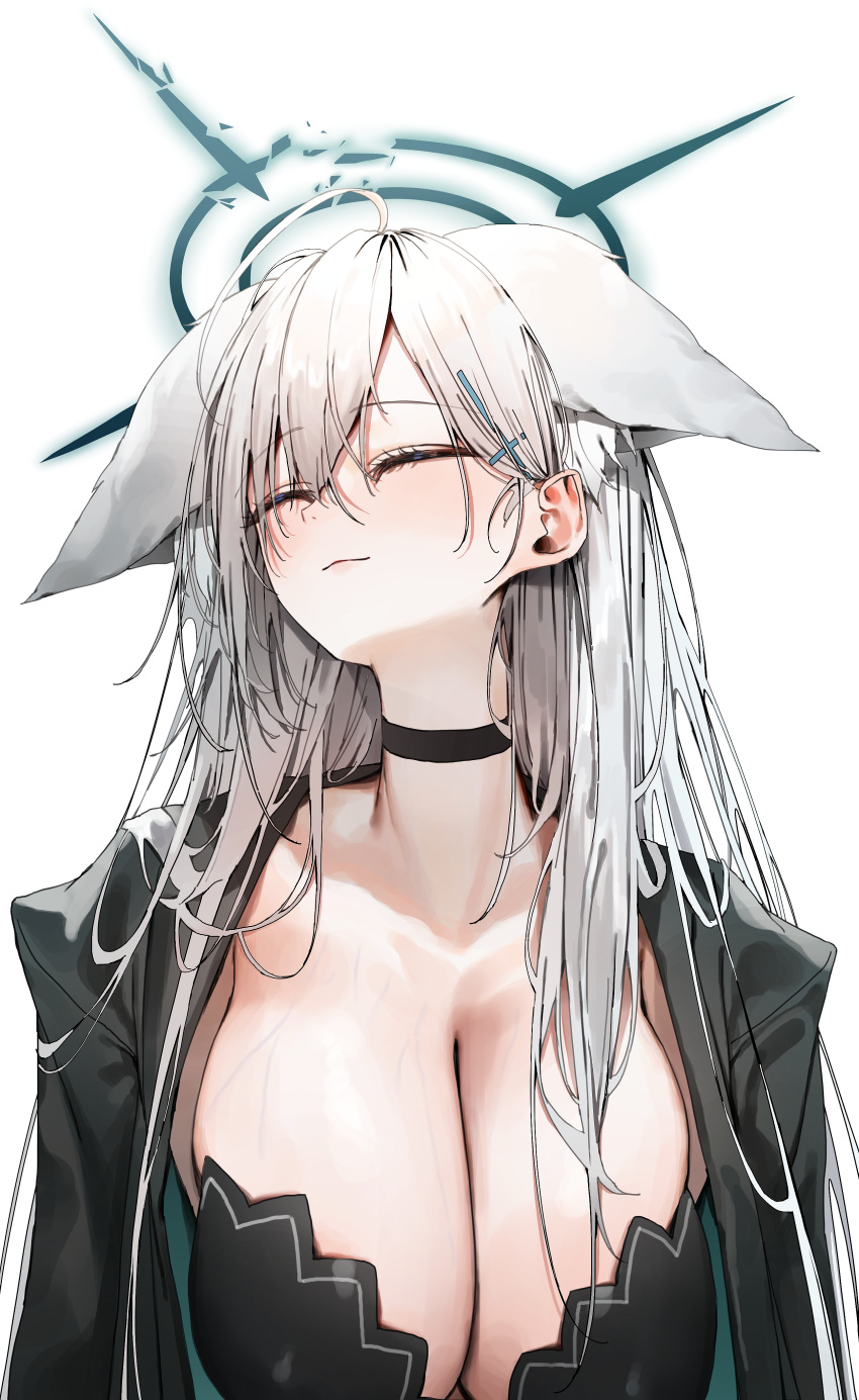 absurdres ahoge animal_ears black_choker black_dress black_jacket blue_archive blush breasts choker cleavage closed_eyes commentary_request cross_hair_ornament dress extra_ears female hair_ornament halo highres huge_breasts jacket poharo shiroko_(blue_archive) shiroko_terror_(blue_archive) simple_background smile solo upper_body veins veiny_breasts white_background wolf_ears