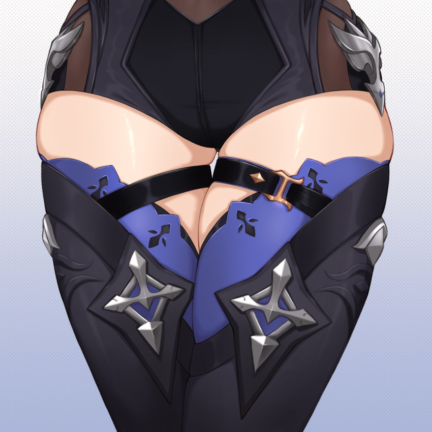 blue_background boots eula_(genshin_impact) female genshin_impact gradient_background grey_background high_heel_boots high_heels highres legs_together lower_body rin_(bakariiin) skindentation solo thigh_boots thigh_focus thigh_gap thighs