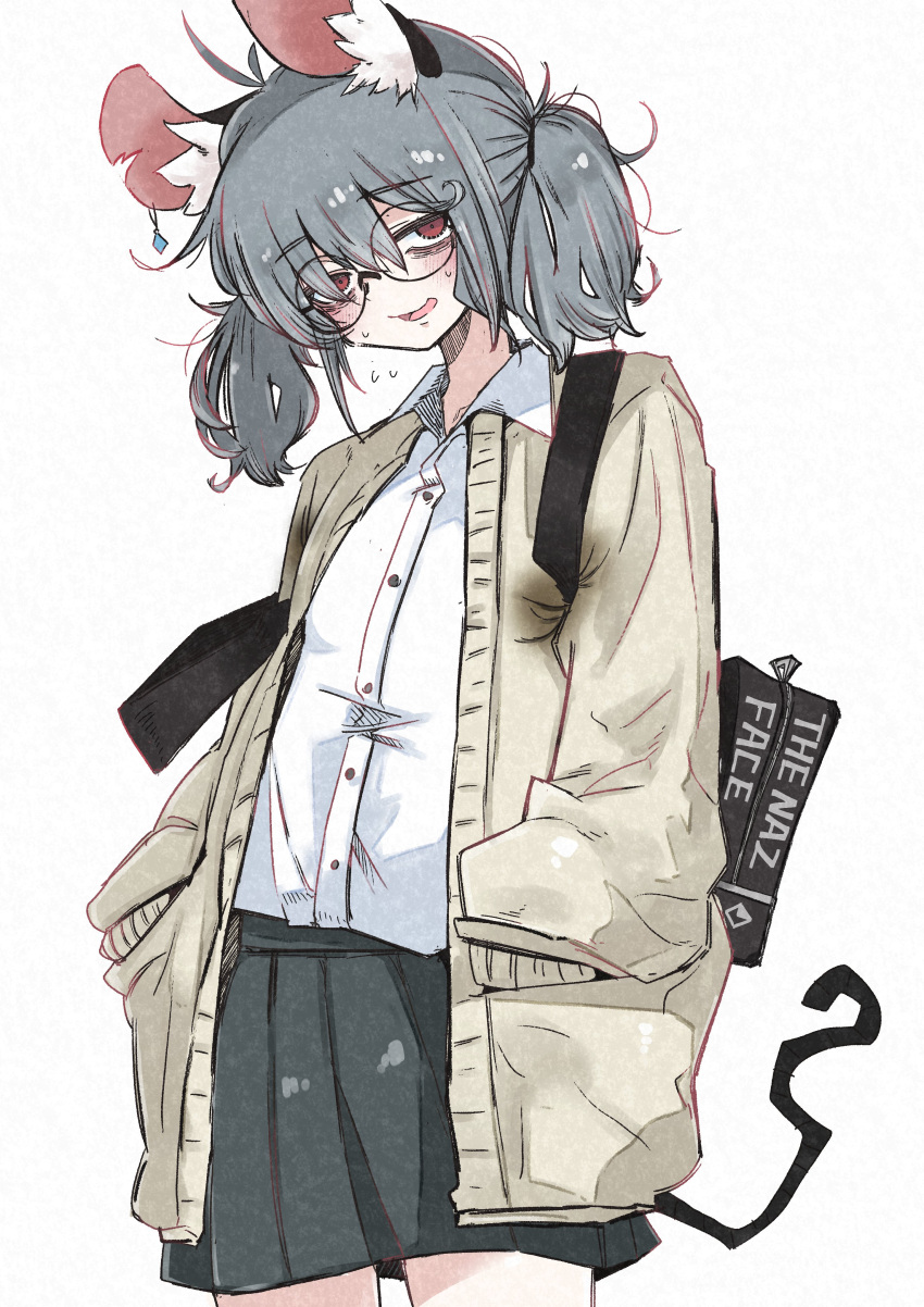 absurdres animal_ear_fluff animal_ears cardigan deal360acv female glasses grey_hair highres medium_hair mouse_ears mouse_girl mouse_tail nazrin pleated_skirt red_eyes school_uniform simple_background skirt sweaty_armpits sweaty_clothes tail touhou twintails white_background