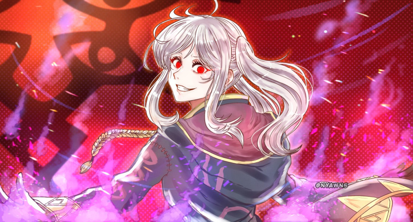 eyes_of_grima female fire fire_emblem fire_emblem_awakening fire_emblem_heroes glowing glowing_eyes grima_(fire_emblem) grin hooves looking_at_viewer looking_back nyawn5 possessed purple_fire purple_robe red_eyes robe robin_(female)_(fire_emblem) robin_(fire_emblem) smile stitches tassel white_hair wizard