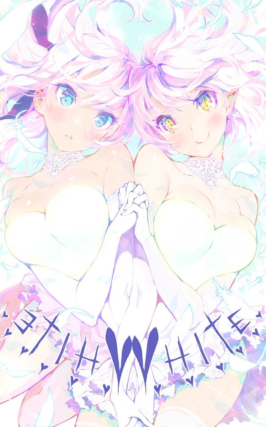 2girls aqua_eyes closed_eyes clothing_request dress elf english_text gloves heart highres looking_at_viewer multicolored_hair multiple_girls pink_hair pointy_ears siblings simple_background smile taiyou_no_orgel tinkle_bell twins white_dress white_hair yellow_eyes