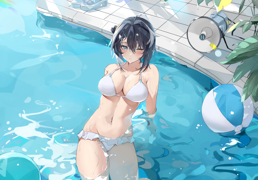 ahoge arknights ball beachball bikini black_hair blue_eyes blush breasts cleavage cowboy_shot female hair_between_eyes hair_ornament highres la_pluma_(arknights) la_pluma_(summer_flowers)_(arknights) large_breasts looking_at_viewer megaphone navel nayuko_(wuyou_nayuko) official_alternate_costume plant pool short_hair solo stomach swimsuit thighs water wet white_bikini