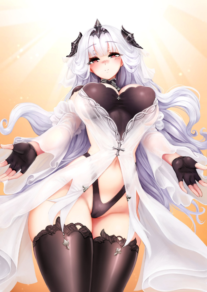 azur_lane barbariank black_gloves black_thighhighs breasts commentary cowboy_shot female fingerless_gloves gloves hair_ornament head_tilt highres large_breasts long_hair long_sleeves looking_at_viewer marseillaise_(azur_lane) navel outstretched_arms red_eyes solo symbol-only_commentary thighhighs very_long_hair white_hair wide_sleeves