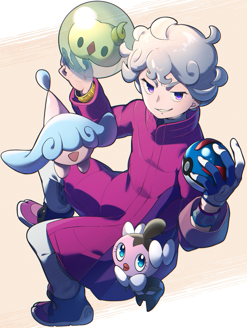 1boy absurdres ahoge bede_(pokemon) coat commentary_request curly_hair eyelashes gothita great_ball grey_hair hatenna high_collar highres holding holding_poke_ball leggings male_focus parted_lips poke_ball pokemon pokemon_(creature) pokemon_swsh purple_coat purple_eyes purple_footwear shoes short_hair smile solosis watch white_legwear wristwatch yupiteru