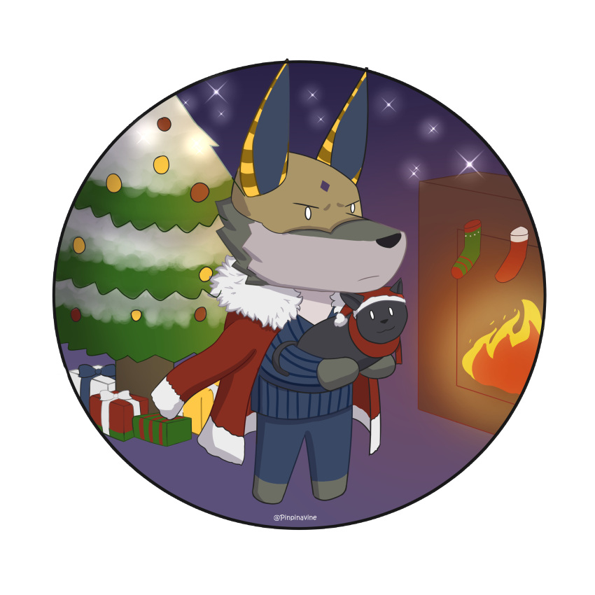 1:1 2022 absurd_res anthro anubian_jackal artist_name biped black_nose canid canine canis chibi christmas christmas_tree clothed clothing coat coat_cape dislyte domestic_cat duo felid feline felis feral full-length_portrait fur grey_body grey_fur hi_res holidays jackal lifted lilith_games male mammal mask pinpinavine plant portrait sander_(dislyte) simple_eyes standing suit topwear tree