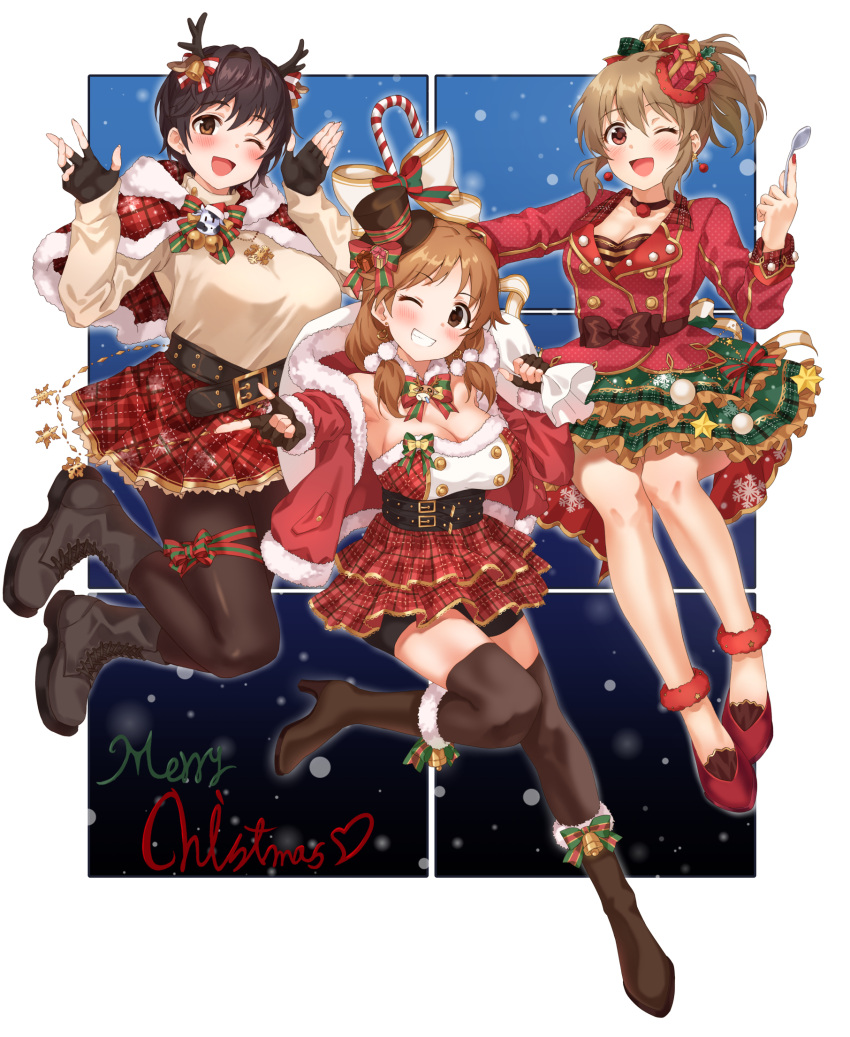 3girls :d ;d ankle_scrunchie antlers artist_name belt bike_shorts black_belt black_choker black_eyes black_footwear black_gloves black_headwear black_legwear blush boots bow bowtie breasts brown_eyes brown_hair brown_sweater candy candy_cane capelet choker christmas cleavage commentary cow_ornament cross-laced_footwear dress earrings english_commentary english_text fingerless_gloves floating food frilled_skirt frills full_body fur-trimmed_boots fur-trimmed_dress fur-trimmed_jacket fur_collar fur_trim gift gloves green_skirt grin hair_ornament hair_over_shoulder hat hat_bow heart high_heel_boots high_heels highres holding holding_sack holding_spoon hori_yuko horns idolmaster idolmaster_cinderella_girls index_finger_raised jacket jewelry katagiri_sanae knee_boots lace-up_boots large_breasts layered_dress layered_skirt long_sleeves looking_at_viewer low_twintails medium_breasts medium_hair merry_christmas microdress mini_hat mini_top_hat miniskirt multiple_girls oikawa_shizuku one_eye_closed open_clothes open_jacket open_mouth over_shoulder oversized_object pantyhose plaid plaid_capelet plaid_dress plaid_skirt pointing red_bow red_bowtie red_capelet red_dress red_eyes red_footwear red_jacket red_scrunchie red_skirt reindeer_antlers ribbon sack scrunchie sexy_guilty_(idolmaster) short_hair short_ponytail shorts_under_dress sirurabbit skirt smile snowflake_ornament spoon standing standing_on_one_leg star_(symbol) star_hair_ornament star_ornament strapless strapless_dress sweater thighhighs tilted_headwear top_hat twintails two-tone_background white_background