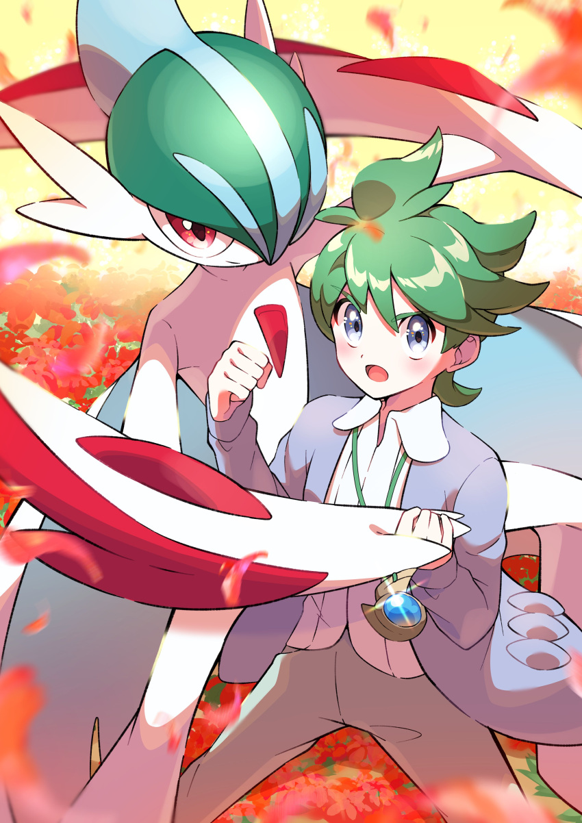 1boy absurdres blush brown_pants clenched_hand collared_shirt commentary_request gallade green_hair grey_eyes grey_jacket highres holding_hands jacket legs_apart looking_at_viewer male_focus mega_gallade mega_pokemon open_clothes open_jacket open_mouth pants pokemon pokemon_(creature) pokemon_oras pon_yui shirt short_hair tongue wally_(pokemon) white_shirt